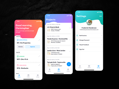 The Path Project activity feed cards clean colorful dashboard files geolocation gradient ios mobile mobile app mobile ui path projects settings ui