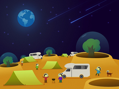 Travel on the moon 2d camping caravan cartoon earth illustration moon travel