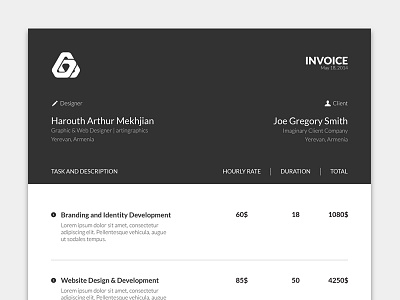 Personal Invoice artin black branding client designer form freelance invoice layout print