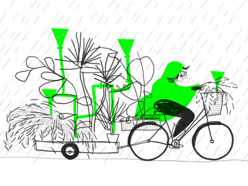 Urban gardeners (#1) cyclist gardener girl green jungle rain rainyday urban