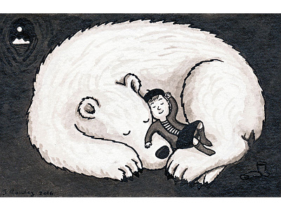 Polar bear and girl sleeping bear blackandwhiteillustration comfy illustration penandink polarbear sleeping