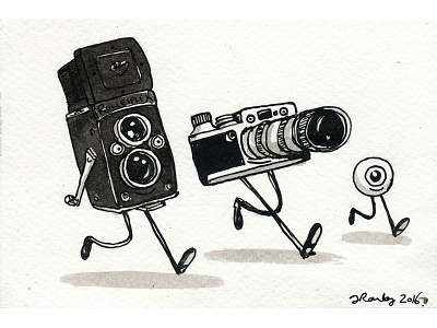 Two cameras and an eyeball camera cameras dip pen drawing ilustration indian ink ink wash pen and ink