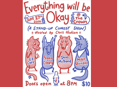 Comedy Night Poster animals bear cat comedy everythingwillbeokay flickknife fox illustration piglet poster procreate wolf