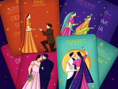 Contemporary Indian Wedding Invite Package indian illustrator indian wedding invites reception invite ring ceremony sangeet invite save the card scd balaji wedding ceremony