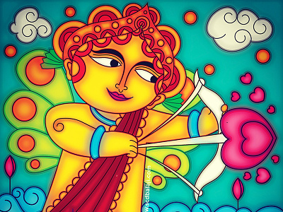 Cupid aka Kama - Indian Folk Art 365 cupid heart illustration indian folk art indian folk art 365 indian illustrator kerala mural love mythology valentines day vector waves