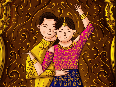 Indian Wedding - Sangeet Invitation Illustration dance desi couple gold illustration indian illustrator invitation design lehenga mehendi music sherwani