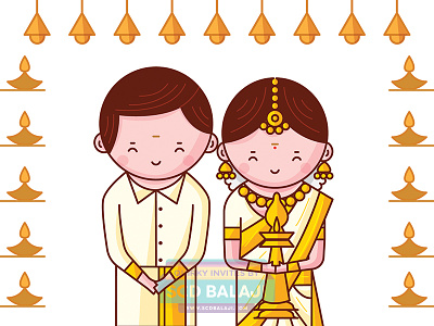 Kerala Wedding Invitation Illustration bride couple cute groom icon iconography indian kerala save the date tradition vector illustration wedding