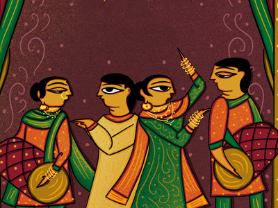 Indian Bengal Patua Inspired Sangeet Invitation
