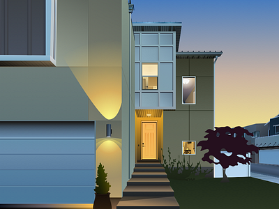 House building design flat illustration sketch sunset web