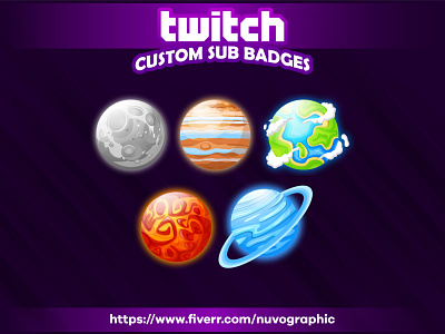 Planet Sub Badges design emotes graphic design graphicforstreamer illustration logo subbadges twitch twitchemotes twitchsubbadges