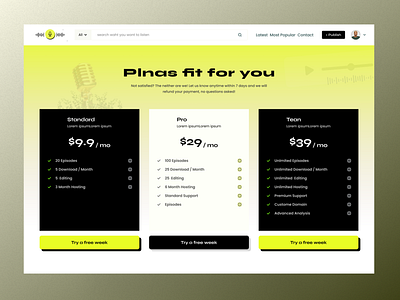 Podcast Website Pricing Page audio design plans podacast podcasting pricing pricing cards pricing plan radio streaming ui design web design