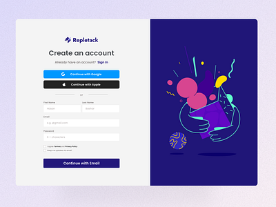 Repletack - Sign Up Page figma log in minimal sign up form sign up page sign up screen sign up ui signup ui web design