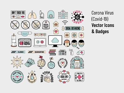 Corona Virus (Covid-19) Vector Icons & Badges badge badge design brand design corona virus covid 19 flat design graphic design icon desgin illustration label logo design quarantine social distancing solidarity vector illustration