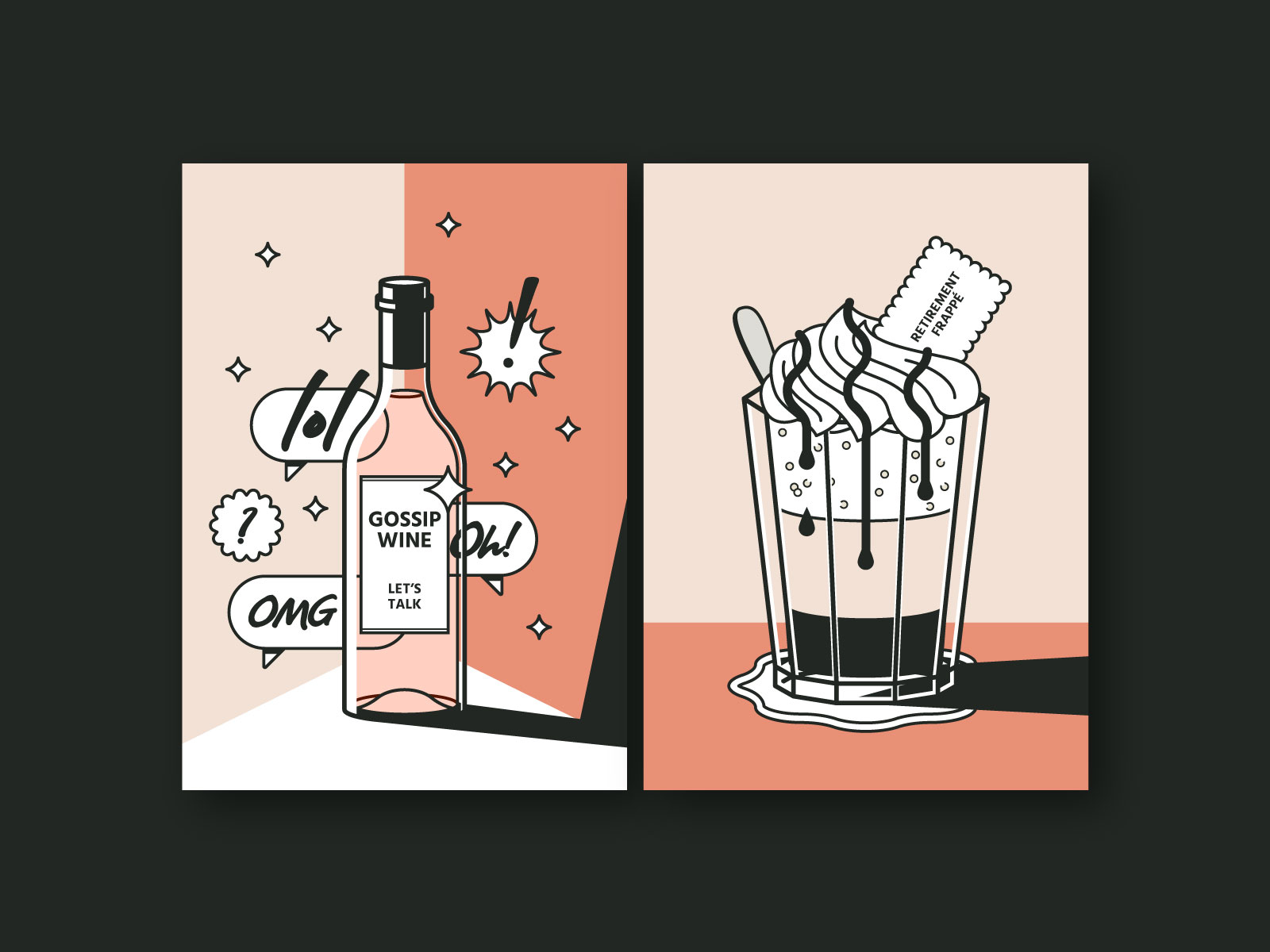 Gossip Wine & Retirement Frappé - Postcard Series (Tasty Vibes) chatter cheers coffee drink frappe frappuccino gossip greeting card illustration news postcard retirement vector illustration wine wine bottle