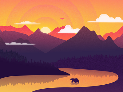 Ciel Brûlant - Burning Sky animal bear burning clouds design flat illustration landscape minimalist modern mountain river sky sun