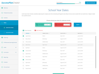 Success Plan Creator adobe xd checklist dashboard data date picker dates progress school side nav table ui