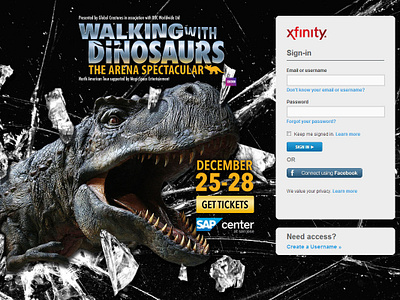 Walking with Dinosaurs sign-in take-over page for xfinity dinosaur email form landing page login marketing sign in page t rex