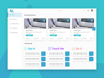 eLearning Portal courses dashboard education elearning landing page learning lesson card lessons mock up teaching ui ux website