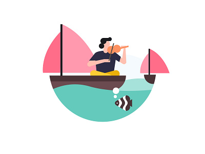 Boating boating fish icon illustration logo man music musician sail sailboat sea ship travel trip ui vacation violin violinist