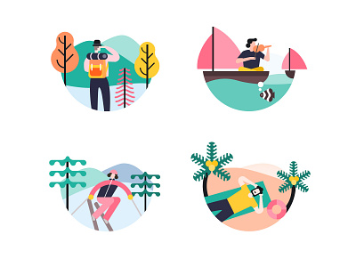 Traveling boat boating hike hiking icon illustration logo ski skiing sunbath sunbathing travel traveling trip ui vacation