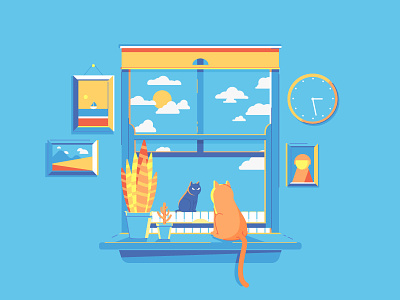 Sunday Afternoon Staring Contest animals cats house illustration pets vector window