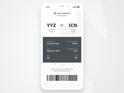 Daily UI Challenge #024 - Boarding Pass 024 air canada boarding pass daily ui challenge ios iphone x simple simple clean interface