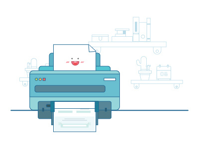 Printer and paper blue cactus happy line art printer smiley vector workplace
