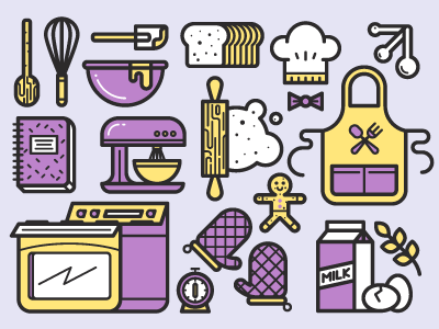 Baking Icons apron beater bread cookie eggs icons milk mitts oven purple roller timer