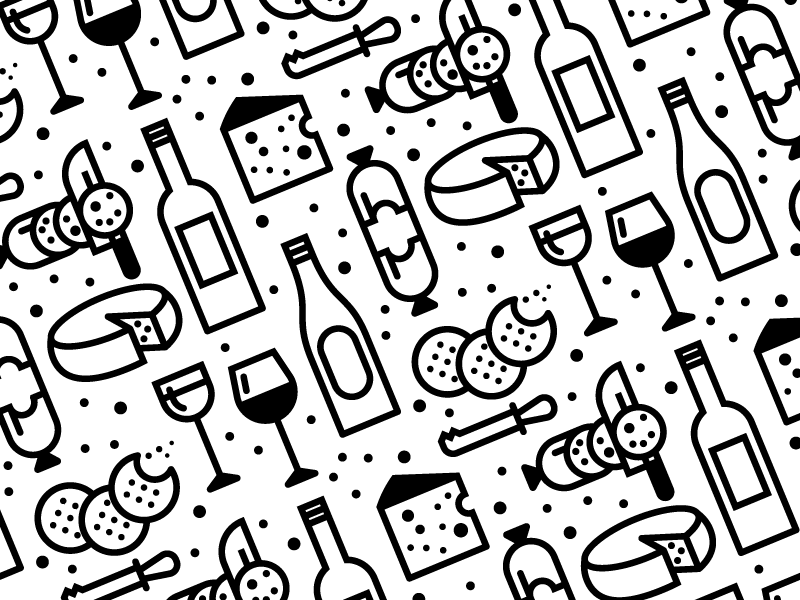 Wine & Cheese knife crackers black bottle salami pattern cheese wine