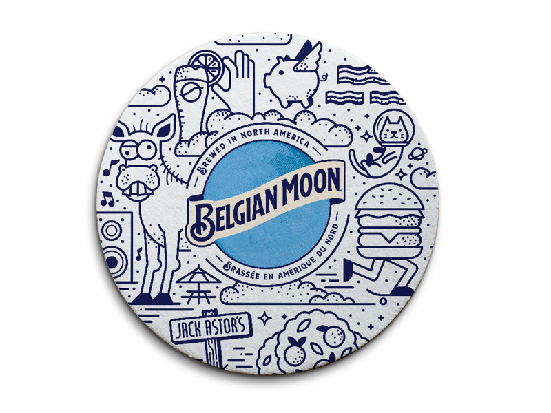 Belgian Moon Patio Pints! oranges space cat donkey coasters moon belgian blue