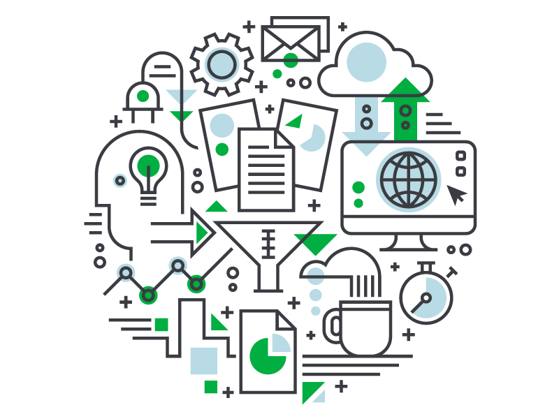 Artificial Intelligence coffee document funnel bulb shapes kira blue green computer cloud intelligence