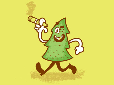 'Smoking Tree' character cigar illustration smile smoke tree vector yellow