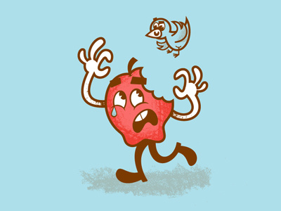 'Upset Apple' apple bird bite character cry illustration vector