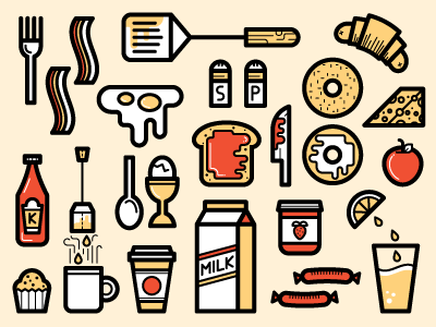 Breakfast Icons apple bacon bagel cutlery eggs icons jam knife muffin red spatula tea toast