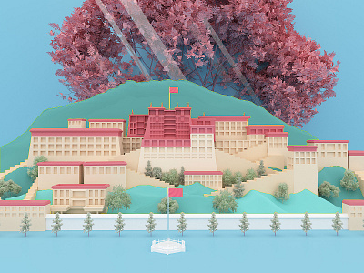 Potala Palace 3d 3d art built c4d cinema4d construction flag forest red red palace tree