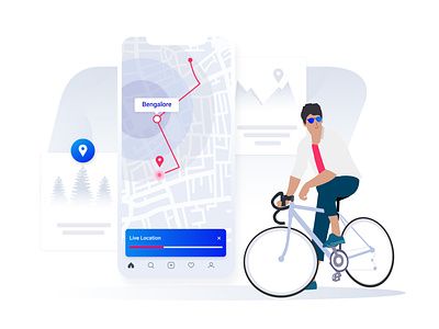 Map Illustration blue and white cycle cycling illustration live location location map mayilsamy mobile app trip white theme