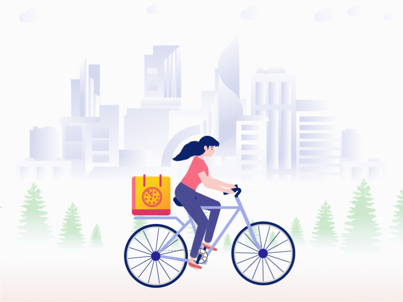 Delivery food animation illustration aftereffects animation building clouds cycle cycle ride delivery home page flat design google google assistant google maps gradient illustrations live map riding road ride trees voice search