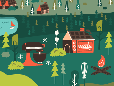 Baking in the Highlands bake boat bonfire chocolate house illustration mixer smores spatula travel trees whisk
