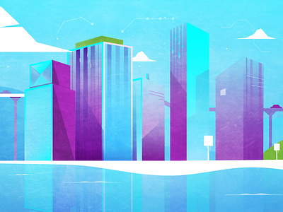 Smart City blue bridge city clouds digital illustration light reflection shadows vector