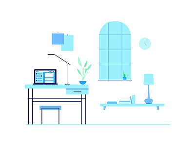 WIP SaaS Platform Illustration aqua blue church desk flat home office illustration laptop modern monochromatic office plants saas shelf window