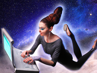 Woman with long hair working from space design graphic design illustration