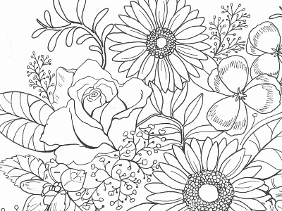 Double Bouquet black and white florals flowers illustration pen