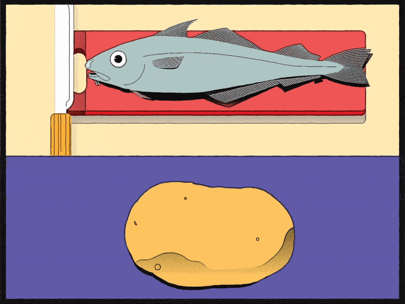 The Great Fish And Chips Supper 2017 animation chips colorful comic cooking dinner english fish gif lemon meal potato