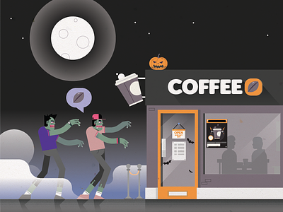 Coffee Zombies - Halloween caffeine coffee coffee shop halloween hipsters midnight moon nightime students undead zombies