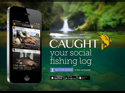 Caught - fishing log website landing page app ios logo marketing ui website