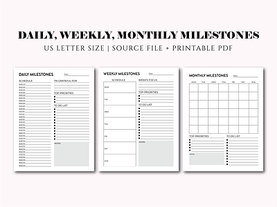 Bundle of Milestones adobe illustrator daily design digital design goals graphic design milestones monthly notebook planners print print design printable file printable planner printables time managment us letter weekly