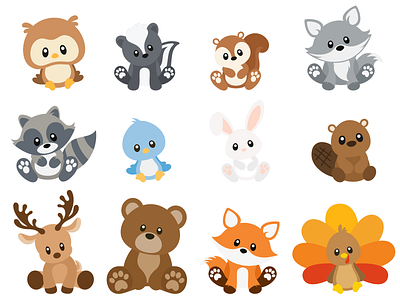 Woodland Animals Sitting Set design flat graphic design illustration vector