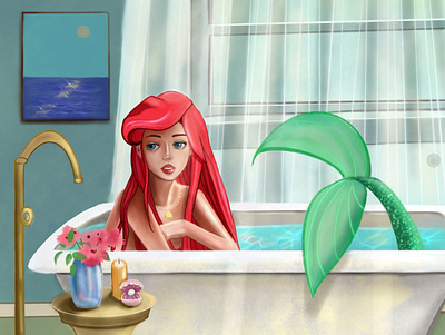 Ariel in bathtub ariel art design digital digitalart illustration like little mermaid painting procreate