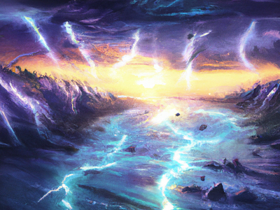 Tieste's Birth beggining end illustration lightning river sky water