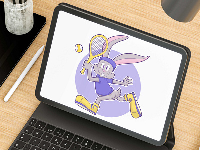 Cartoon hare playing tennis, 2d rabbit, cartoon character